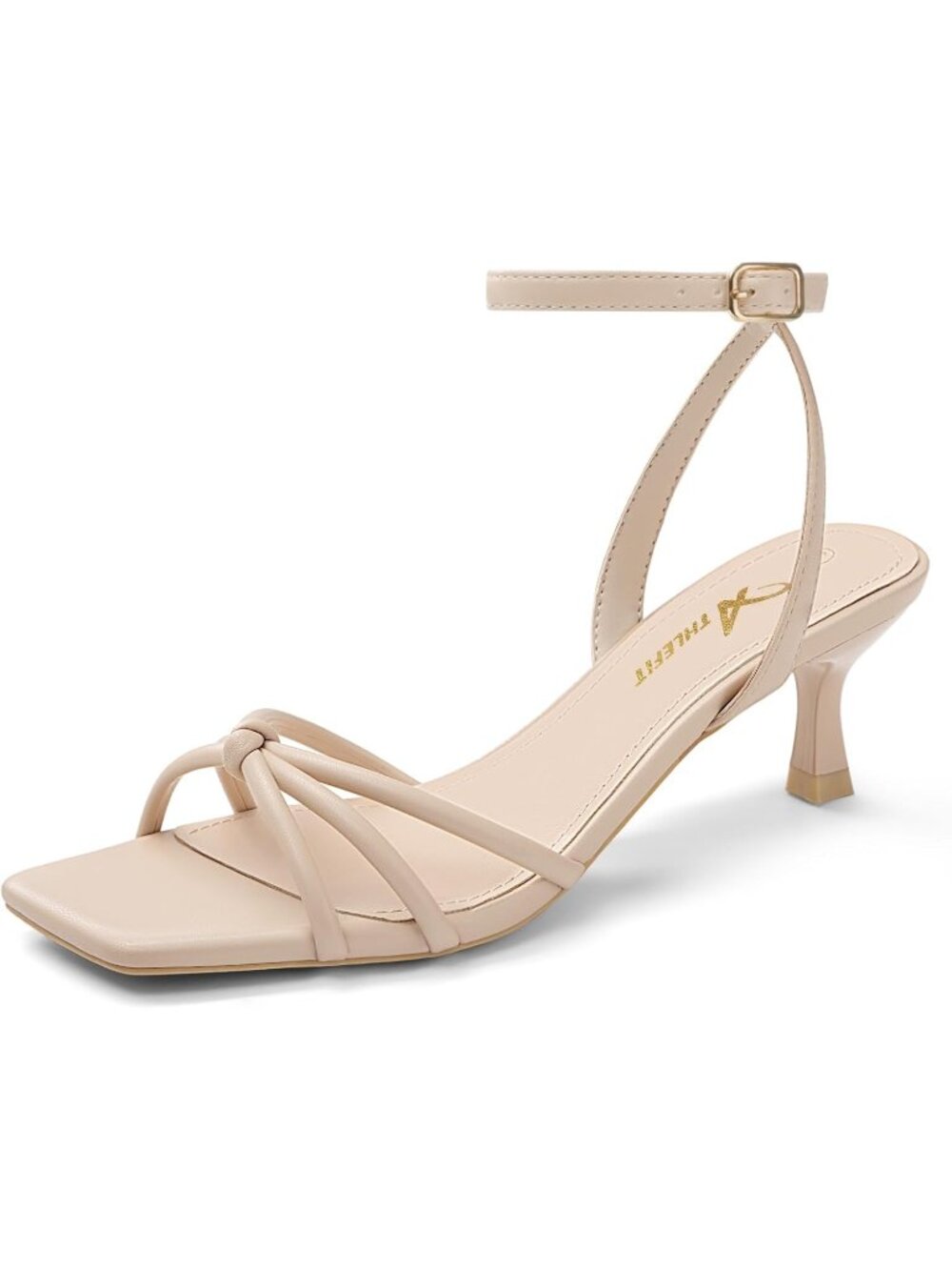 Women's Nude Kitten Low Heels Square Toe Strappy Heeled Sandals PU Leather Heels
